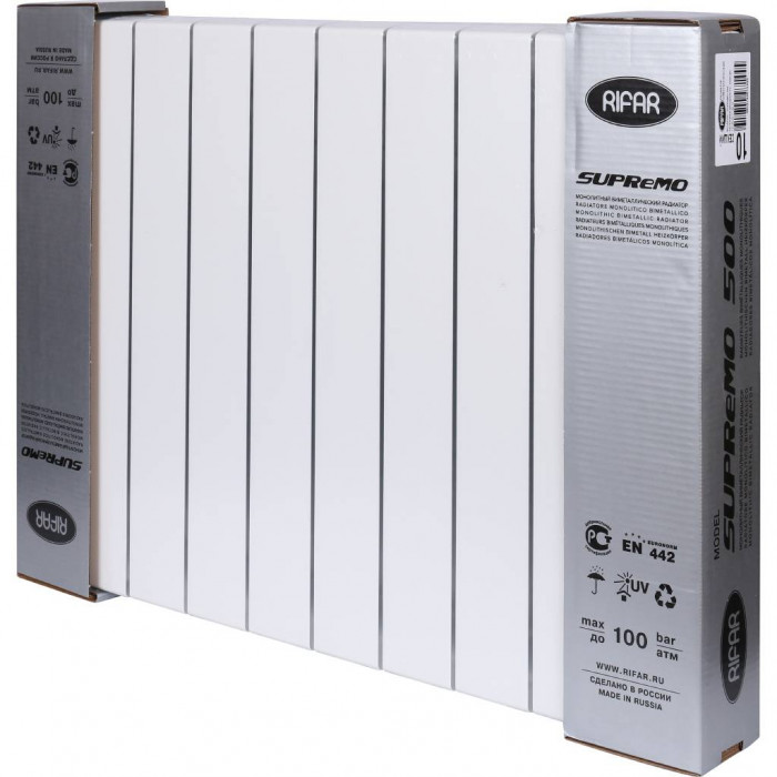 Биметаллический радиатор RIFAR SUPReMO 500, 10 секций, боковое подключение, белый