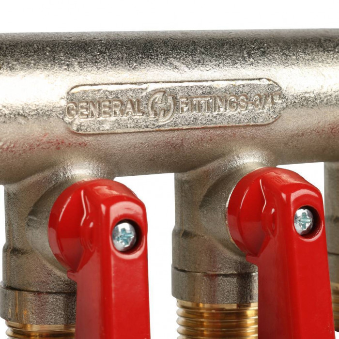 STOUT Коллектор с шаровыми кранами 3/4", 4 отвода 1/2" (красные ручки)