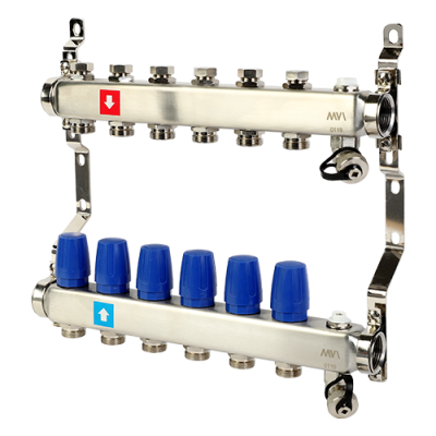 Коллектор без расходомеров, c дренажным краном и краном Маевского, 6 вых.