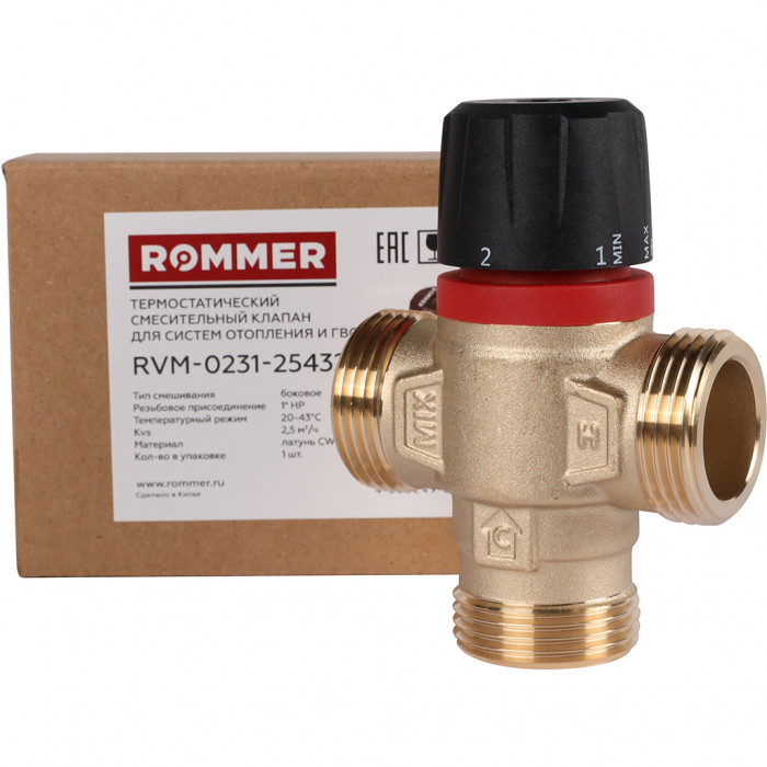 ROMMER RVM-0231-254325 Термостатический смесительный клапан для систем отопления и ГВС 1 НР 20-43°С KV 2,5 (боковое смешивание)