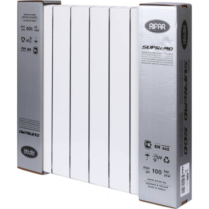 Биметаллический радиатор RIFAR SUPReMO 500, 8 секций, боковое подключение, белый