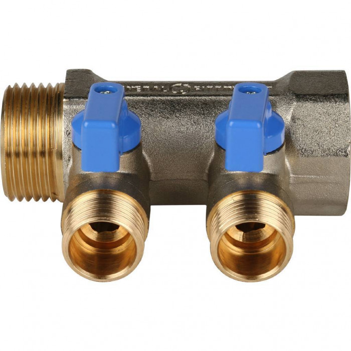 STOUT Коллектор с шаровыми кранами 1", 2 отвода 1/2" (синие ручки)