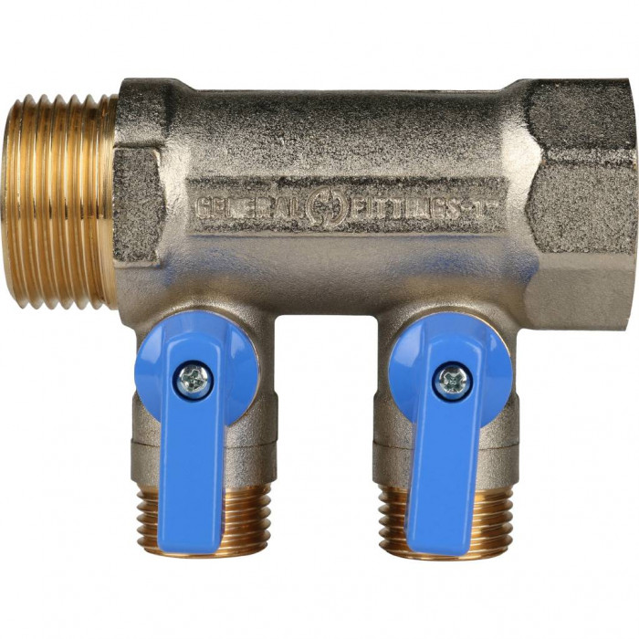 STOUT Коллектор с шаровыми кранами 1", 2 отвода 1/2" (синие ручки)