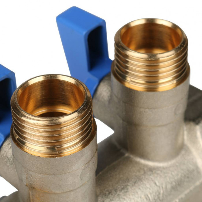 STOUT Коллектор с шаровыми кранами 1", 2 отвода 1/2" (синие ручки)