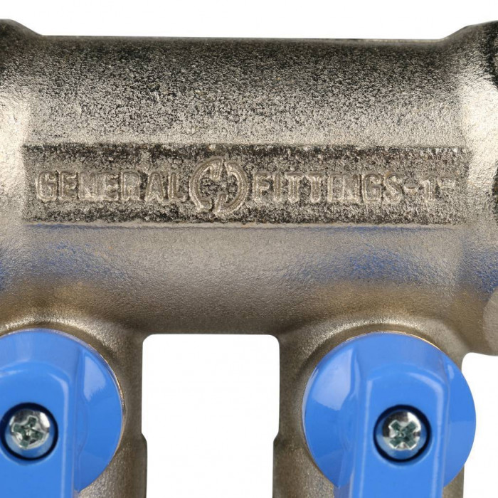 STOUT Коллектор с шаровыми кранами 1", 2 отвода 1/2" (синие ручки)