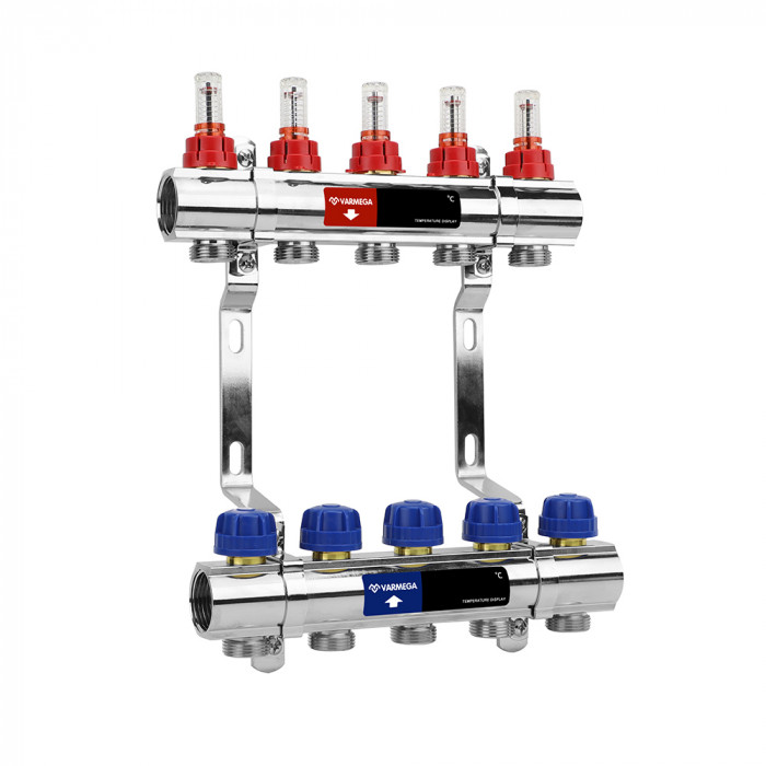 Коллекторная группа с расходомерами Varmega VM15406 ВР 1", на 6 контуров 3/4" EK, латунь