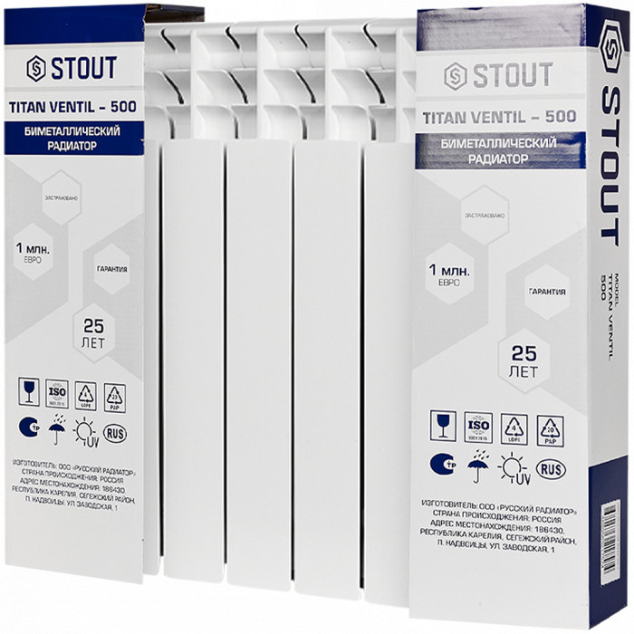 Биметаллический радиатор STOUT TITAN VENTIL 500, 7 секций, нижнее правое подключение, белый