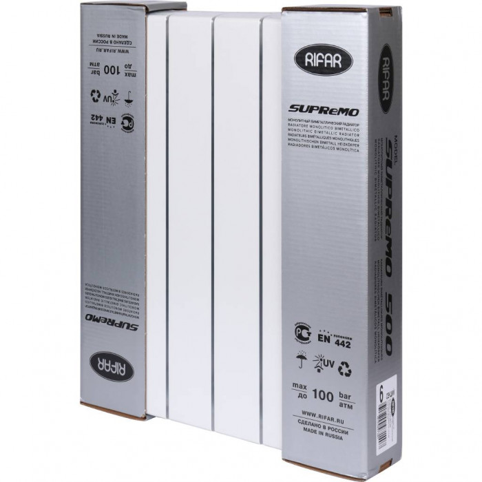Биметаллический радиатор RIFAR SUPReMO 500, 6 секций, боковое подключение, белый