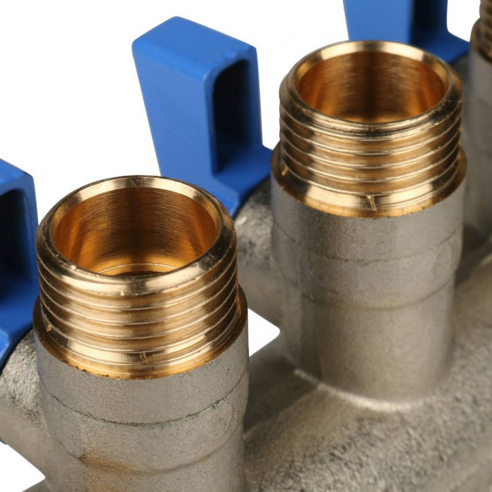 STOUT Коллектор с шаровыми кранами 1", 3 отвода 1/2" (синие ручки)