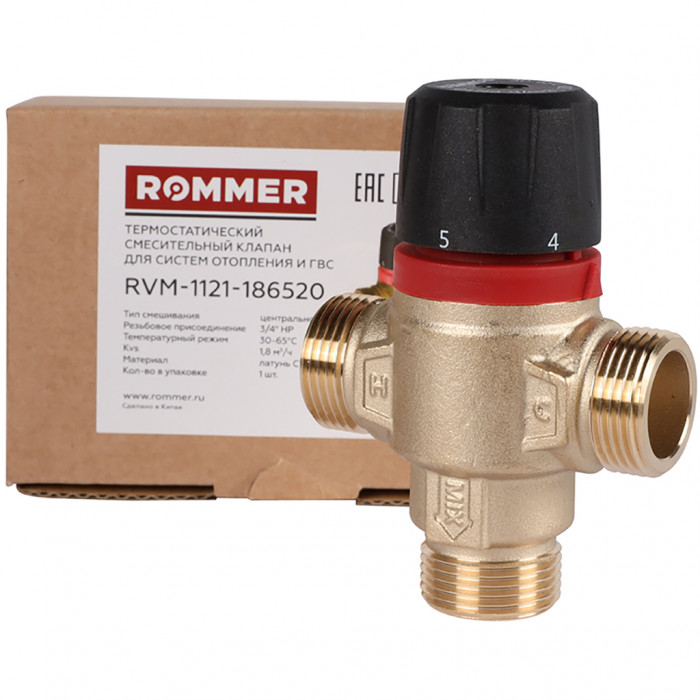 ROMMER RVM-1121-186520 Термостатический смесительный клапан для систем отопления и ГВС 3/4 НР 30-65°С KV 1,8 (центральное смешивание)