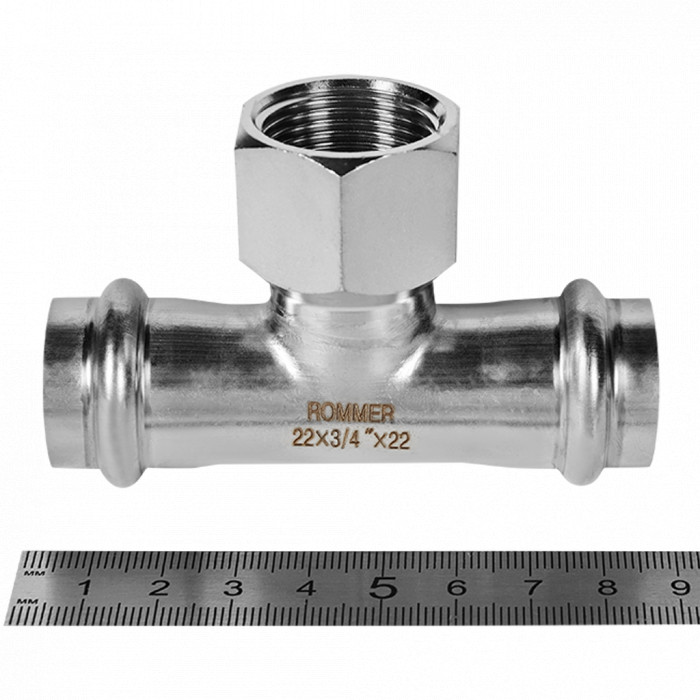 ROMMER RSS-0015-002234 ROMMER Тройник-переходник-ВР, 22х3/4, из нержавеющей стали прессовой