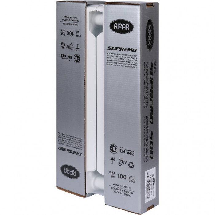 Биметаллический радиатор RIFAR SUPReMO 500, 4 секций, боковое подключение, белый