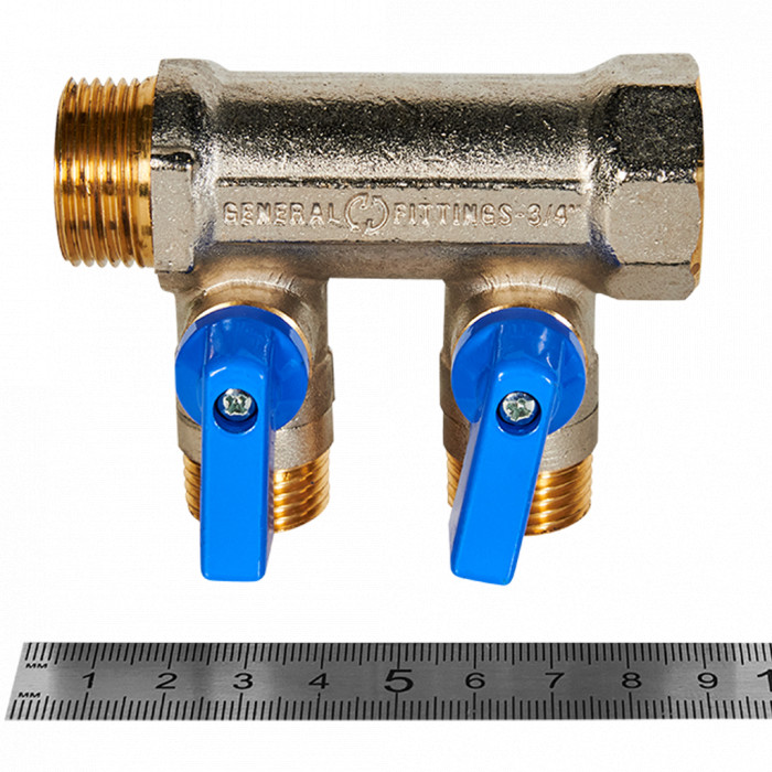 STOUT Коллектор с шаровыми кранами 3/4", 2 отвода 1/2" (синие ручки)