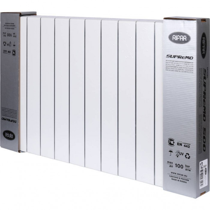 Биметаллический радиатор RIFAR SUPReMO 500, 12 секций, боковое подключение, белый
