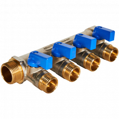 STOUT Коллектор с шаровыми кранами 3/4&quot;, 4 отвода 1/2&quot; (синие ручки)