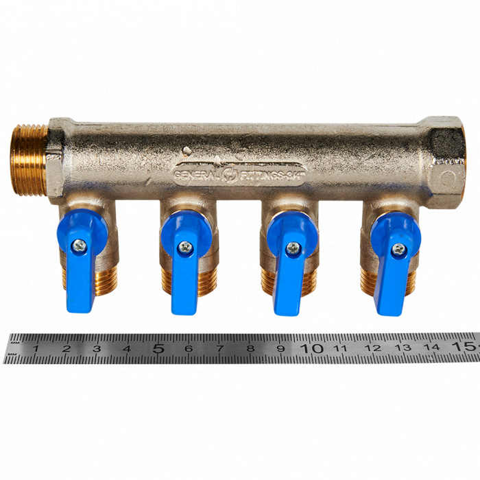 STOUT Коллектор с шаровыми кранами 3/4", 4 отвода 1/2" (синие ручки)