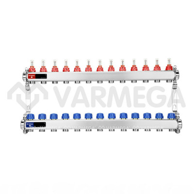 Распределительный коллектор (группа) с расходомерами Varmega VM15113 ВР 1&quot;, на 13 контуров 3/4&quot; EK, нержавеющая сталь