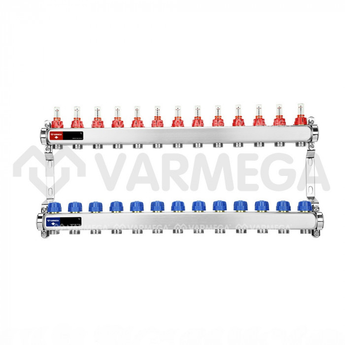 Распределительный коллектор (группа) с расходомерами Varmega VM15113 ВР 1", на 13 контуров 3/4" EK, нержавеющая сталь