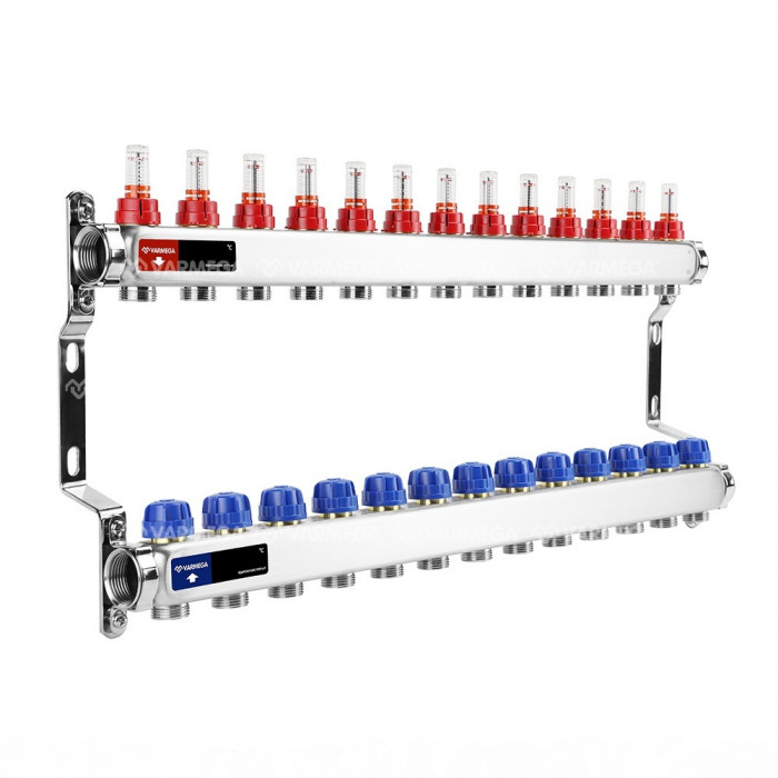 Распределительный коллектор (группа) с расходомерами Varmega VM15113 ВР 1", на 13 контуров 3/4" EK, нержавеющая сталь