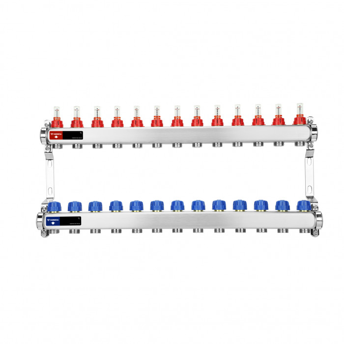 Распределительный коллектор (группа) с расходомерами Varmega VM15113 ВР 1", на 13 контуров 3/4" EK, нержавеющая сталь