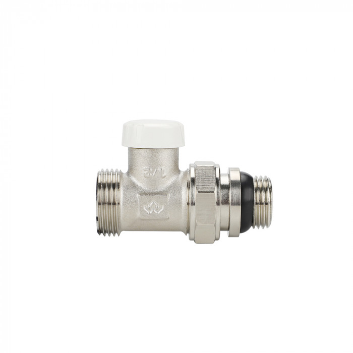Запорный радиаторный клапан (вентиль) ручной регулировки Varmega VM10312, 1/2" x 3/4"EK НР, прямой, с самоуплотняющимся полусгоном