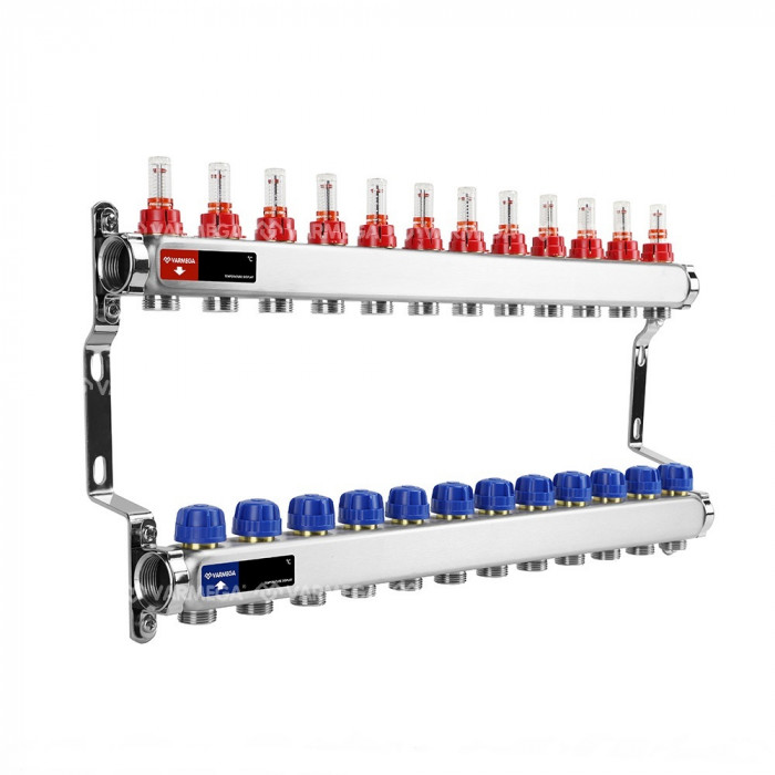 Распределительный коллектор (группа) с расходомерами Varmega VM15112 ВР 1", на 12 контуров 3/4" EK, нержавеющая сталь