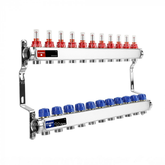 Распределительный коллектор (группа) с расходомерами Varmega VM15111 ВР 1", на 11 контуров 3/4" EK, нержавеющая сталь